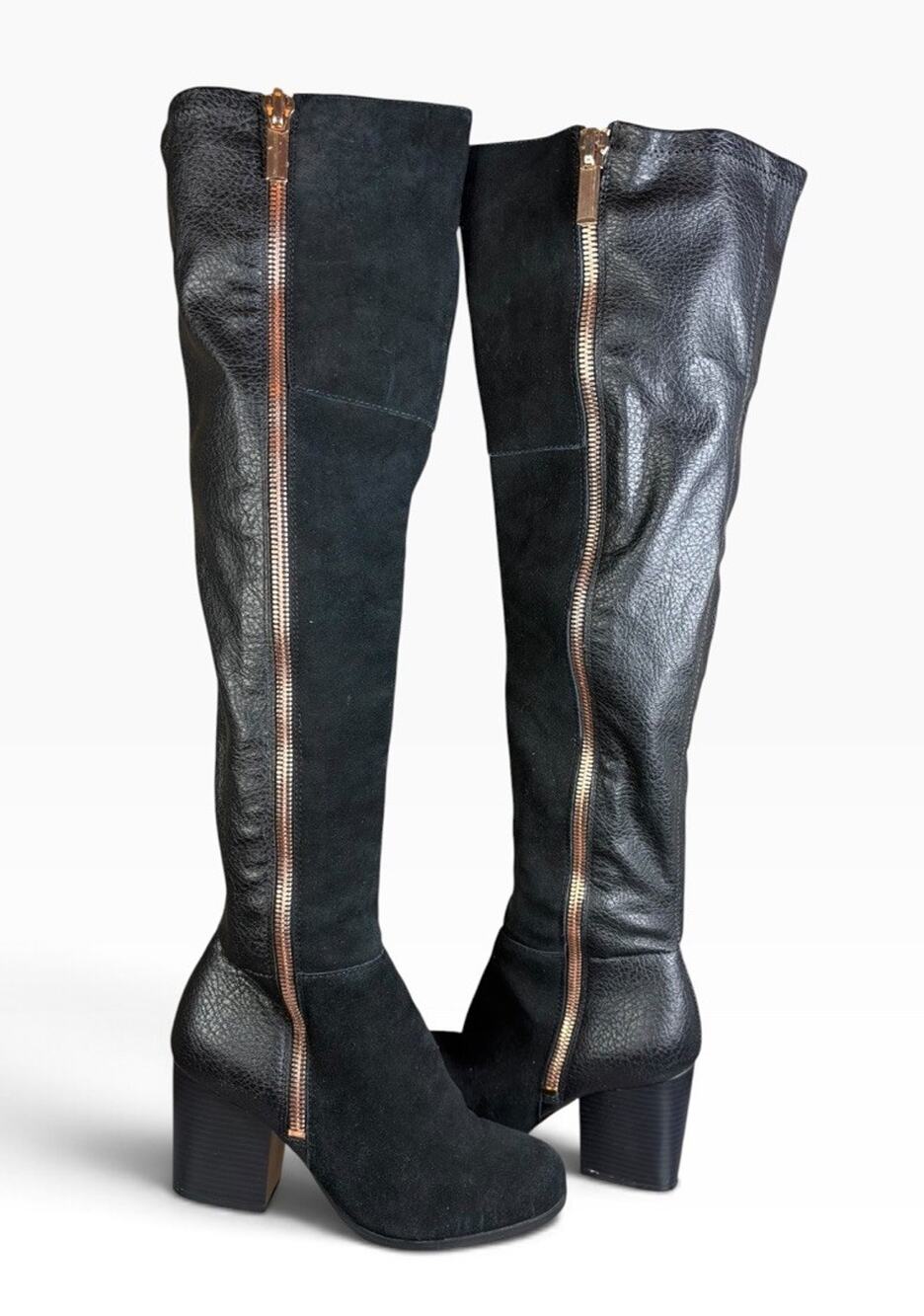 Bar III Over The Knee Boots 7 Black Leather Suede Gold Zip Block Heel Tall
